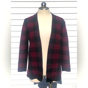 Talbots Size Large Black & Red Plaid Open Front Sweater